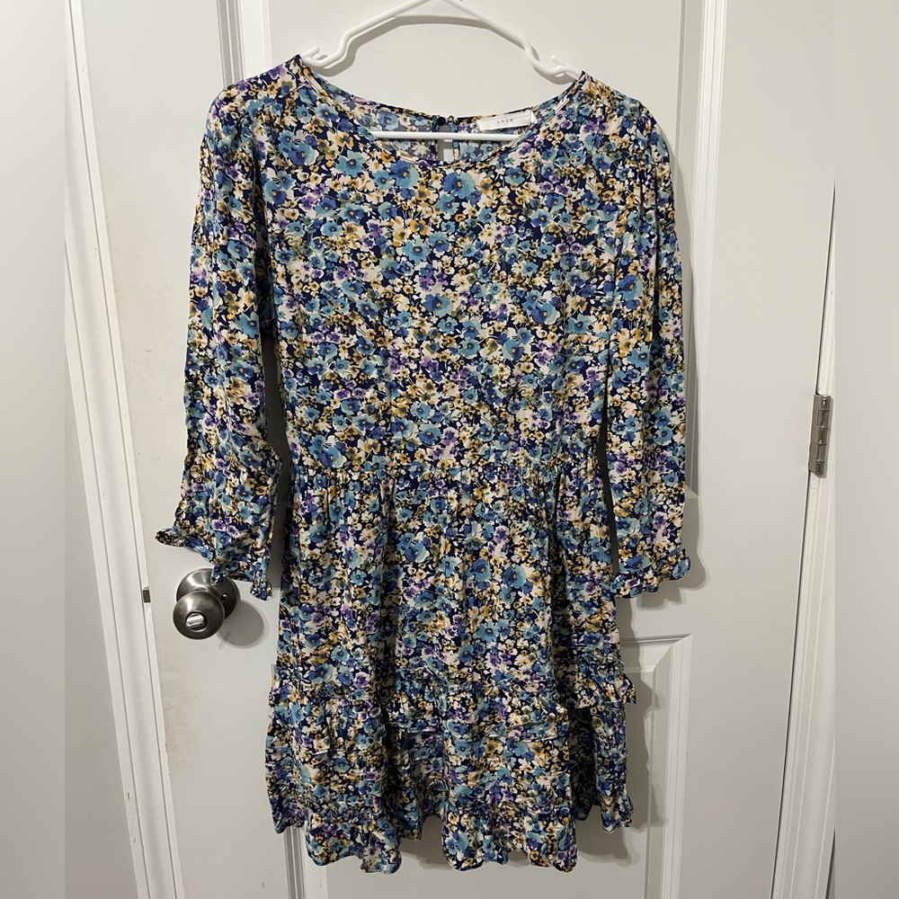 Lush navy blue floral‎ ruffle shirt dress NWT